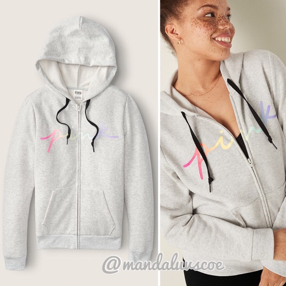 PINK Victoria's Secret Tops - 💗VS PINK GREY OMBRÉ RAINBOW SCRIPT FULLZIP HOODIE